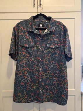 Raised By Coyotees Short Sleeve Button-Up Shirt - Navy Cactus Print